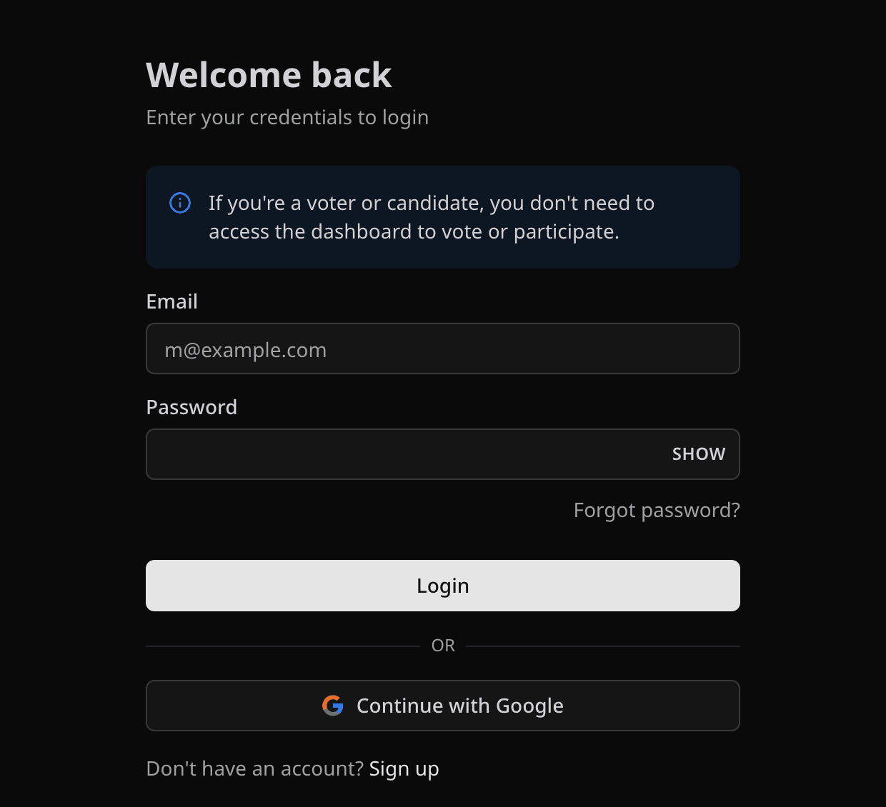 Login form with email, password, and Continue with Google