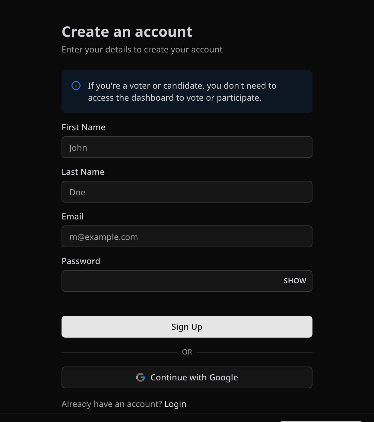 Create an account form with name, email, password, and Continue with Google