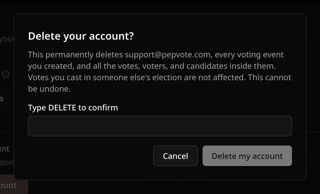 Delete your account dialog asking you to type DELETE to confirm