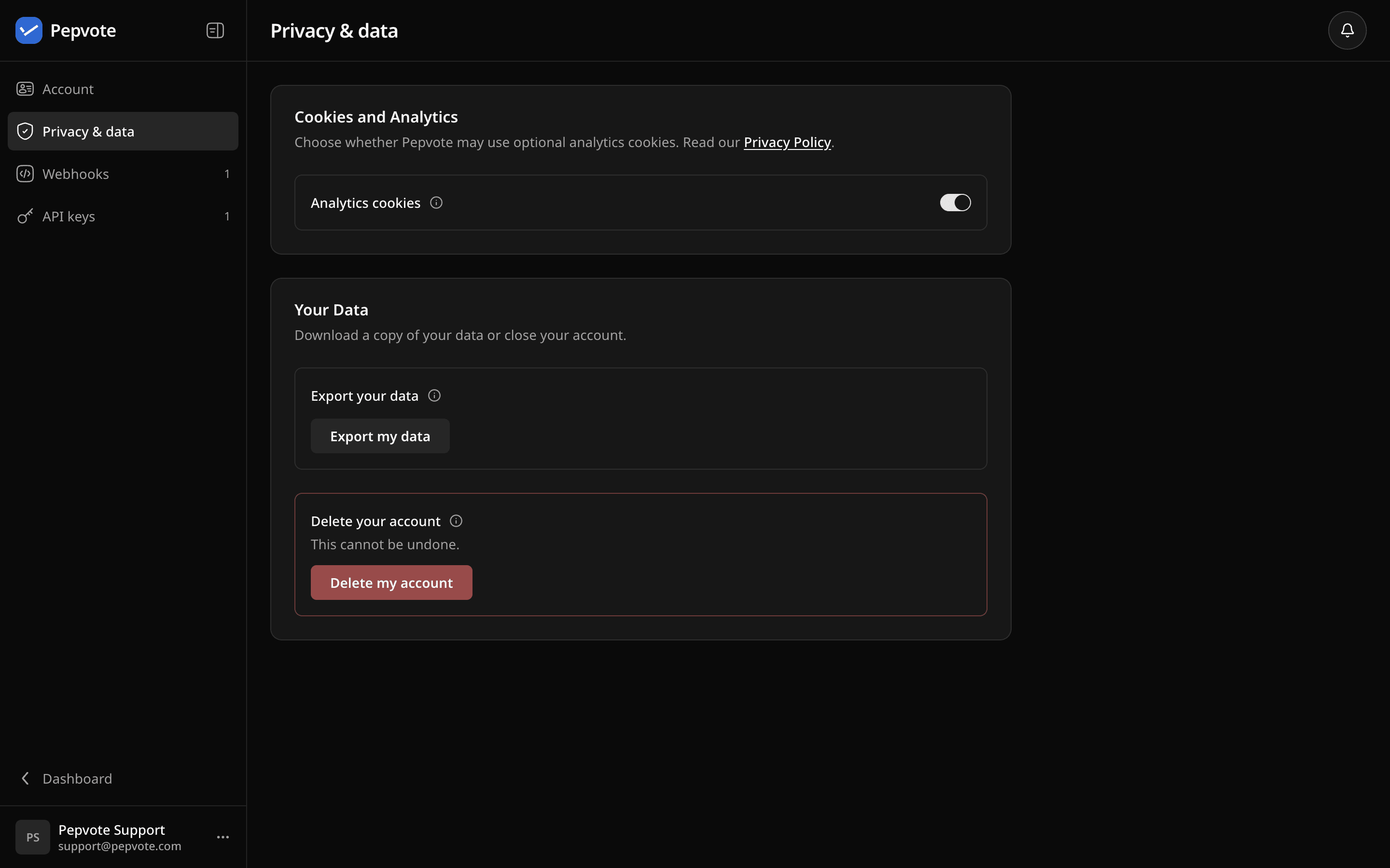 Privacy and data page with the analytics cookies switch, Export my data, and Delete my account