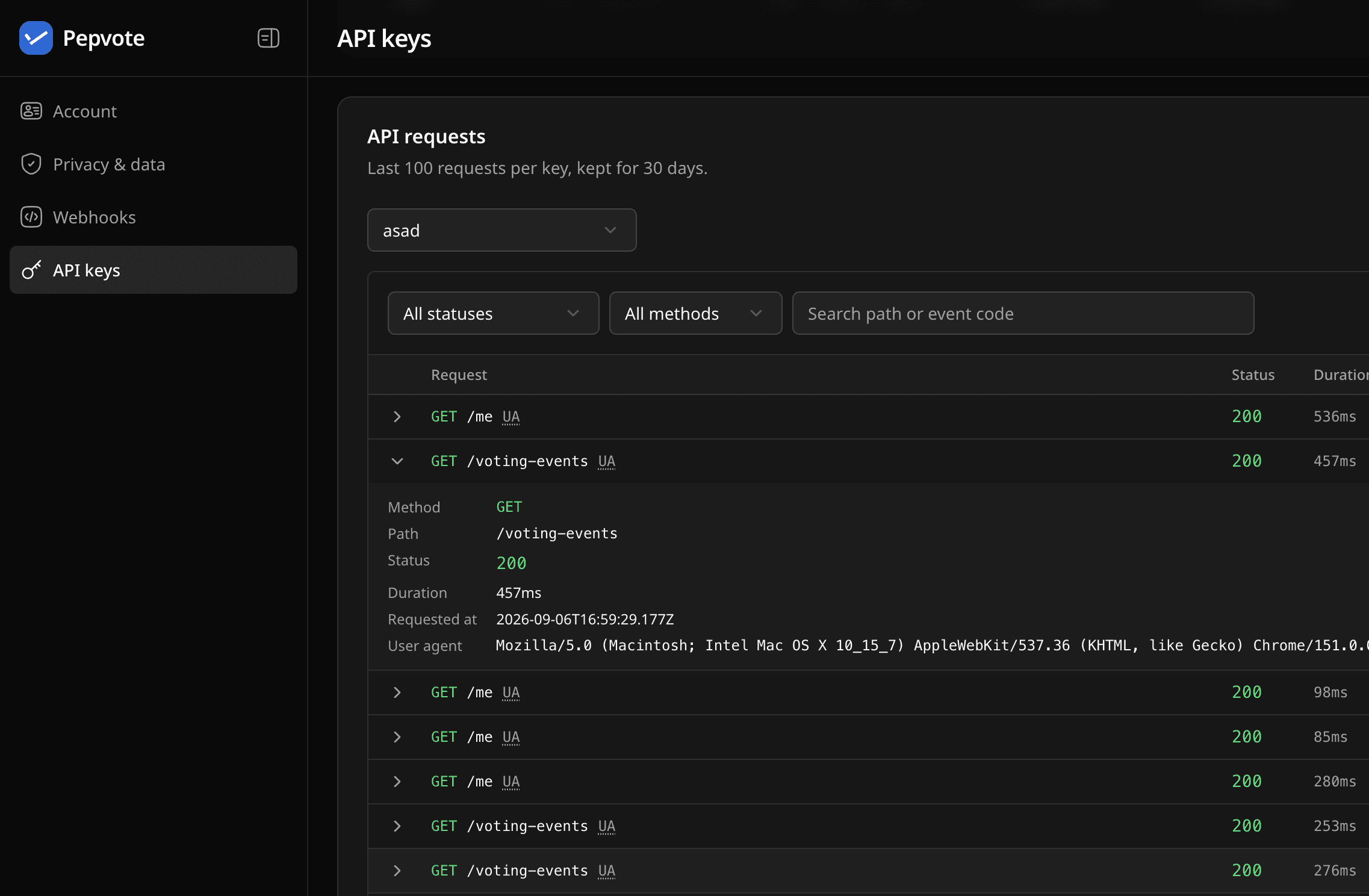 API requests card below the API keys table, with filters and an expanded request row