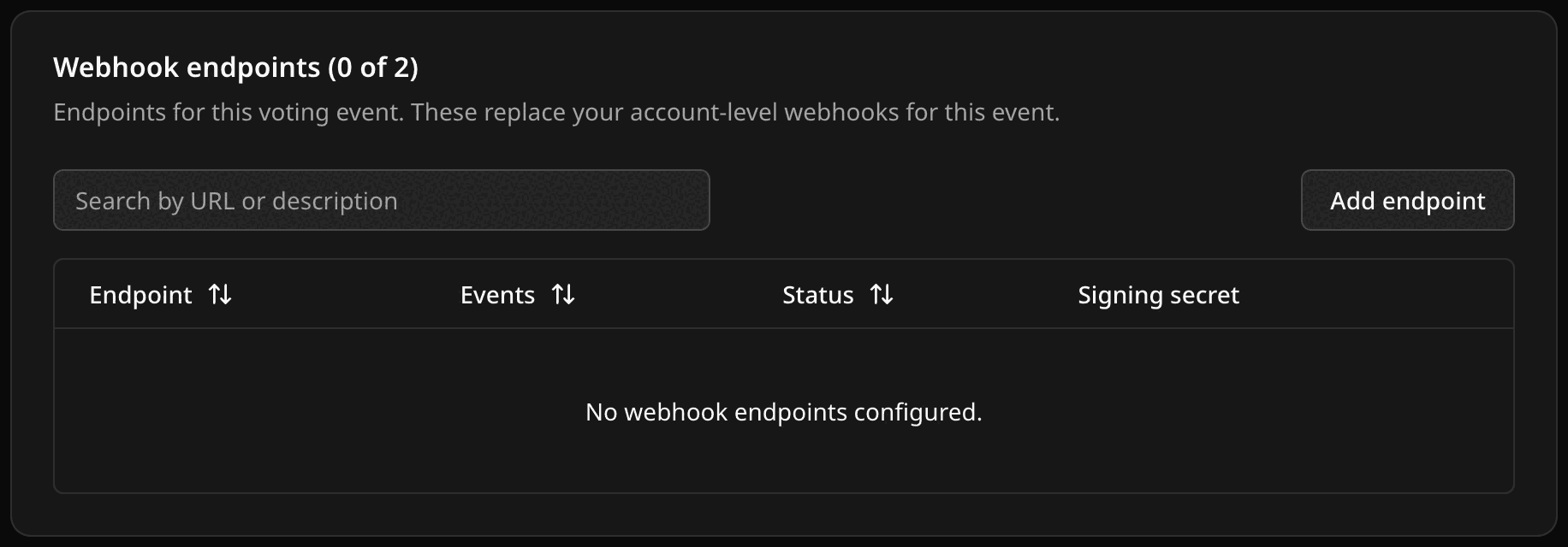 Event-level Webhooks tab in event Settings, which replaces account-level endpoints for that event
