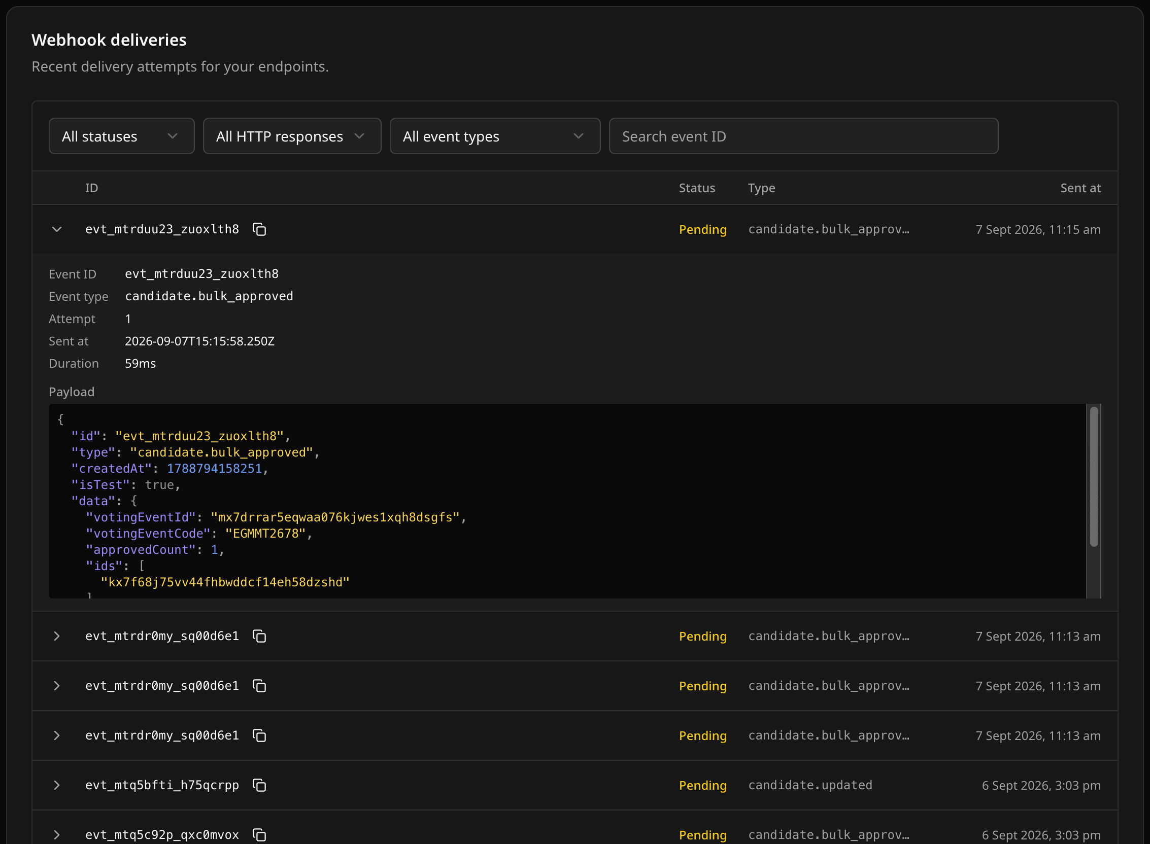 Webhook deliveries log with filters and an expanded delivery showing its payload