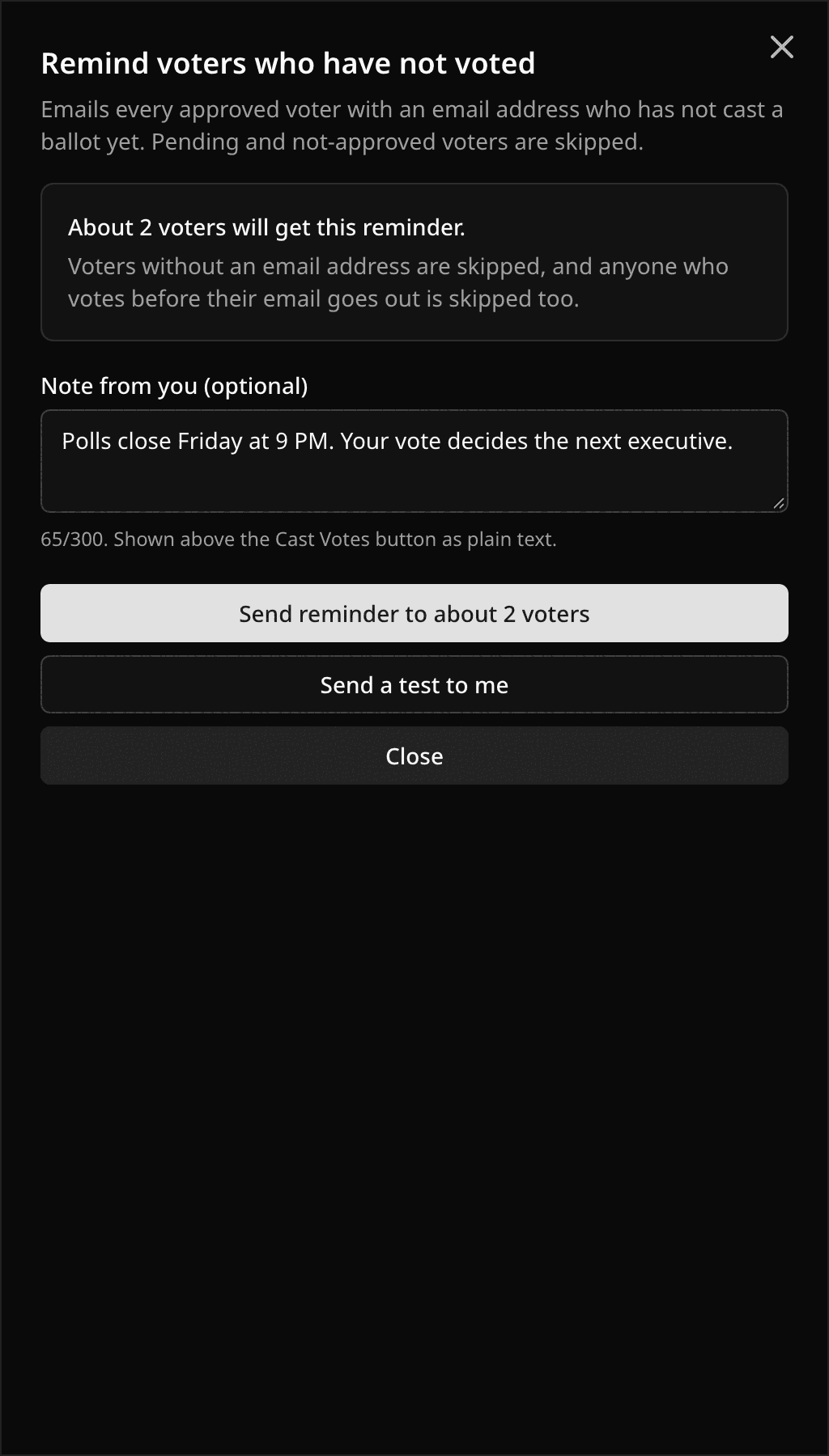 Remind voters sheet with the voter estimate, a note, and the send buttons