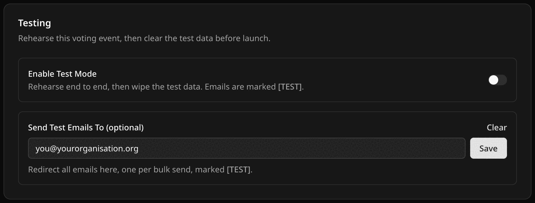 Testing card with the Send Test Emails To field