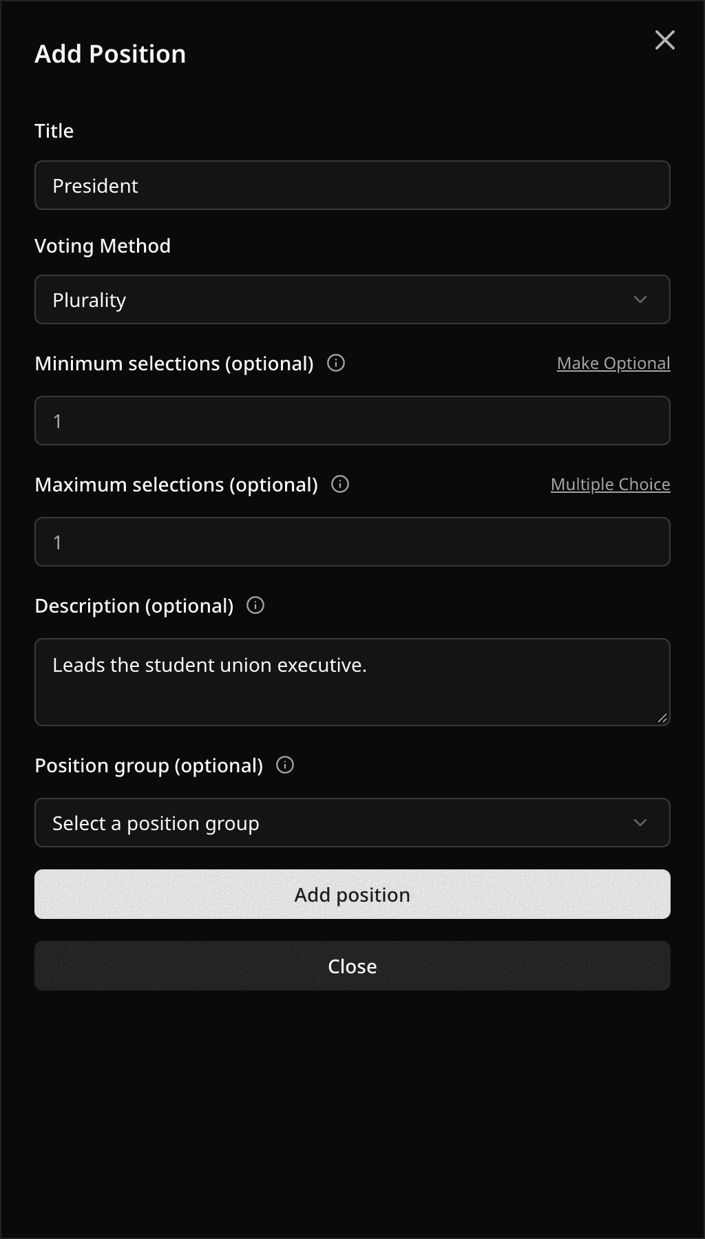 Add Position sheet with the Voting Method picker