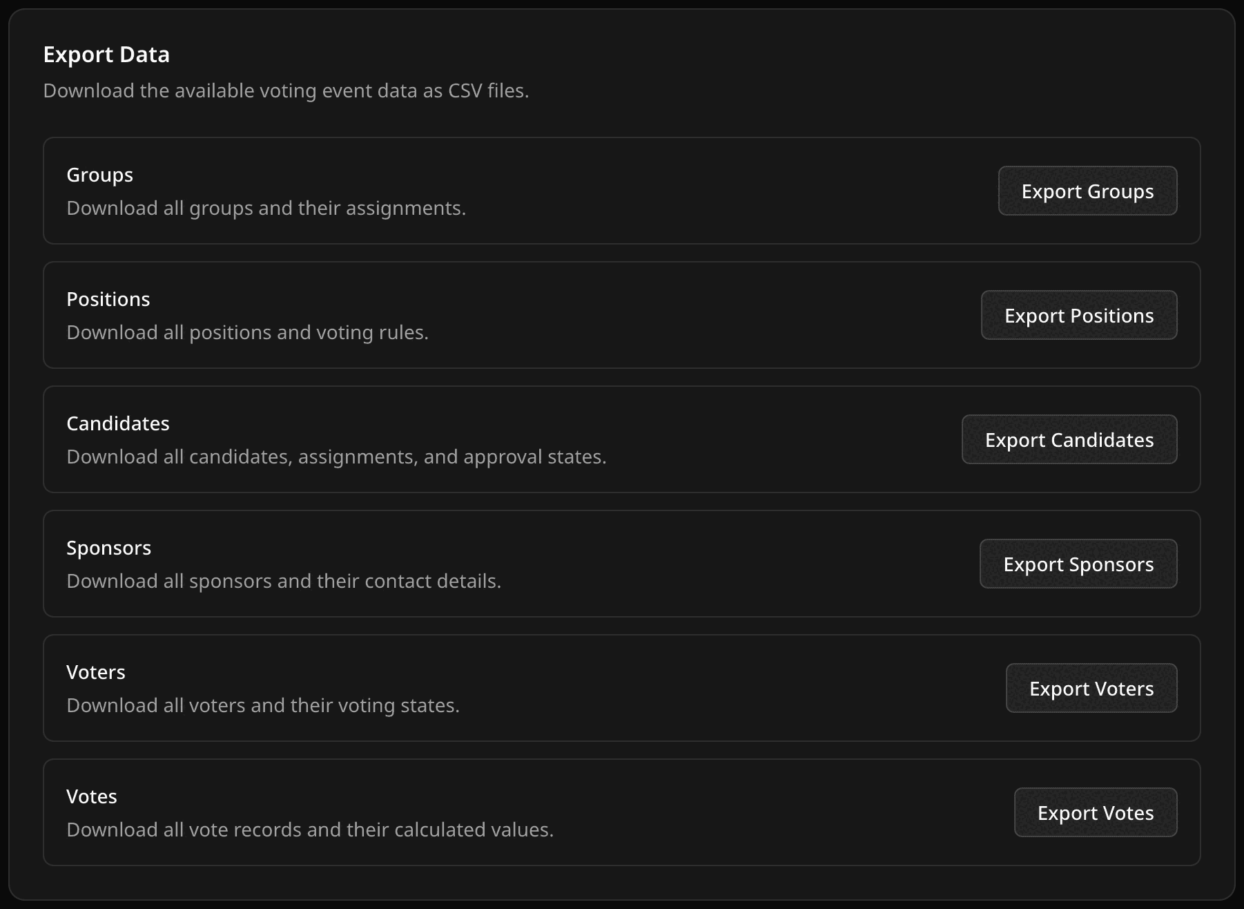 Export Data card in the dashboard with the same data types as the export endpoints