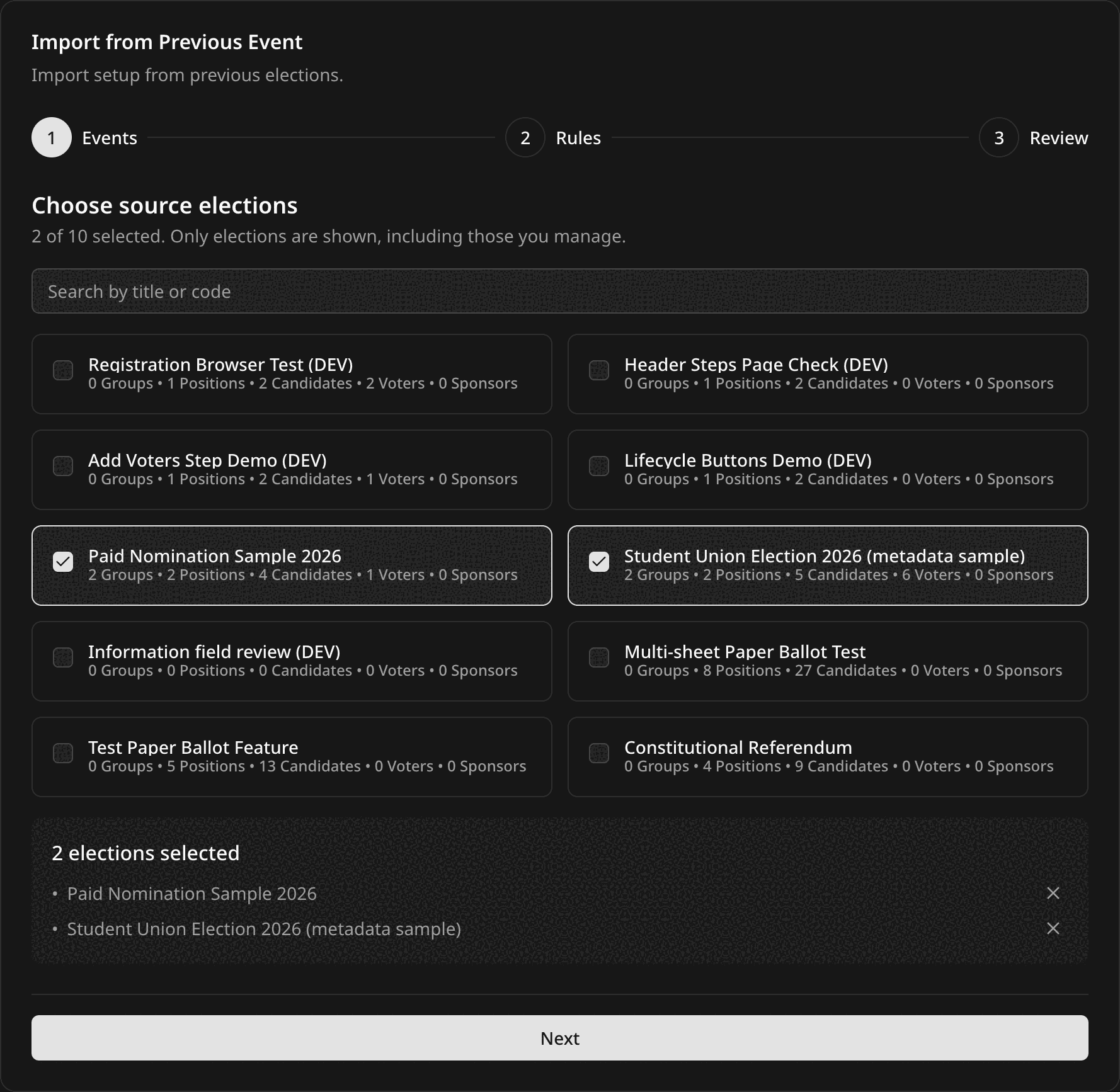 Import from Previous Event card with the Events, Rules, and Review steps, listing source events and their record counts