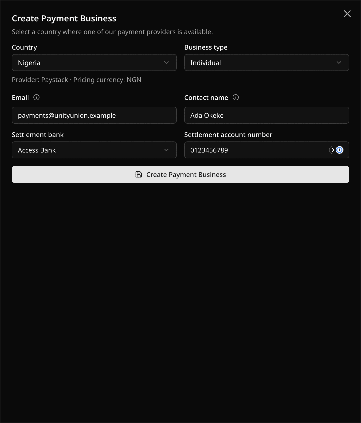 Create Payment Business sheet with country, business type, contact, and settlement bank fields