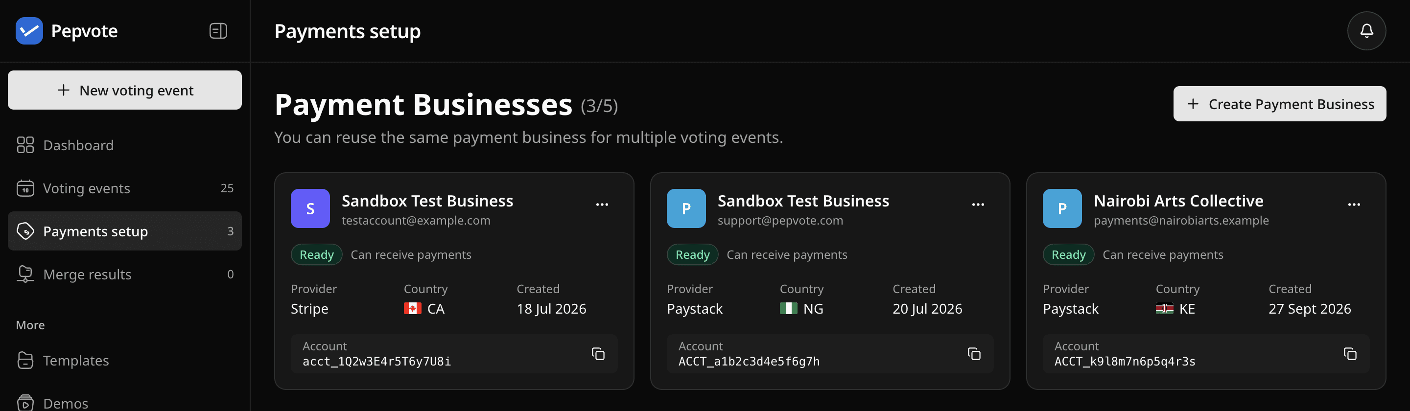 Payment Businesses page in the dashboard, where you create and finish a payment business