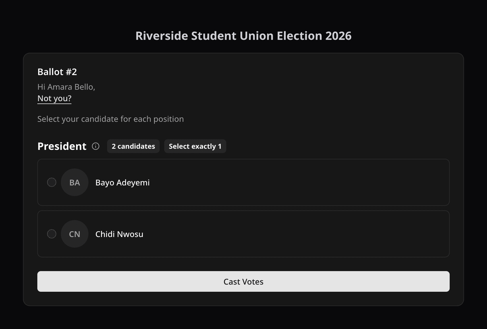 Voter page showing the Ballot #2 form