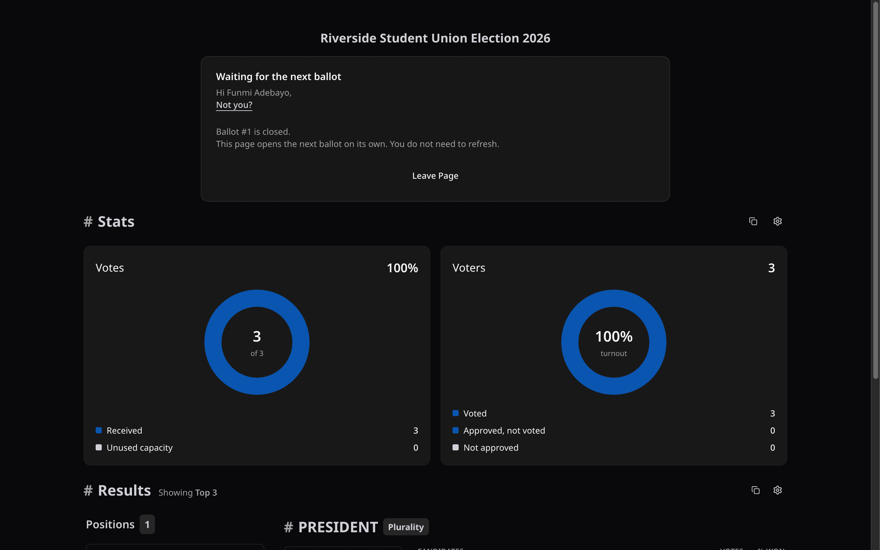 Voter page waiting for the next ballot, with the result of Ballot #1 after it closed