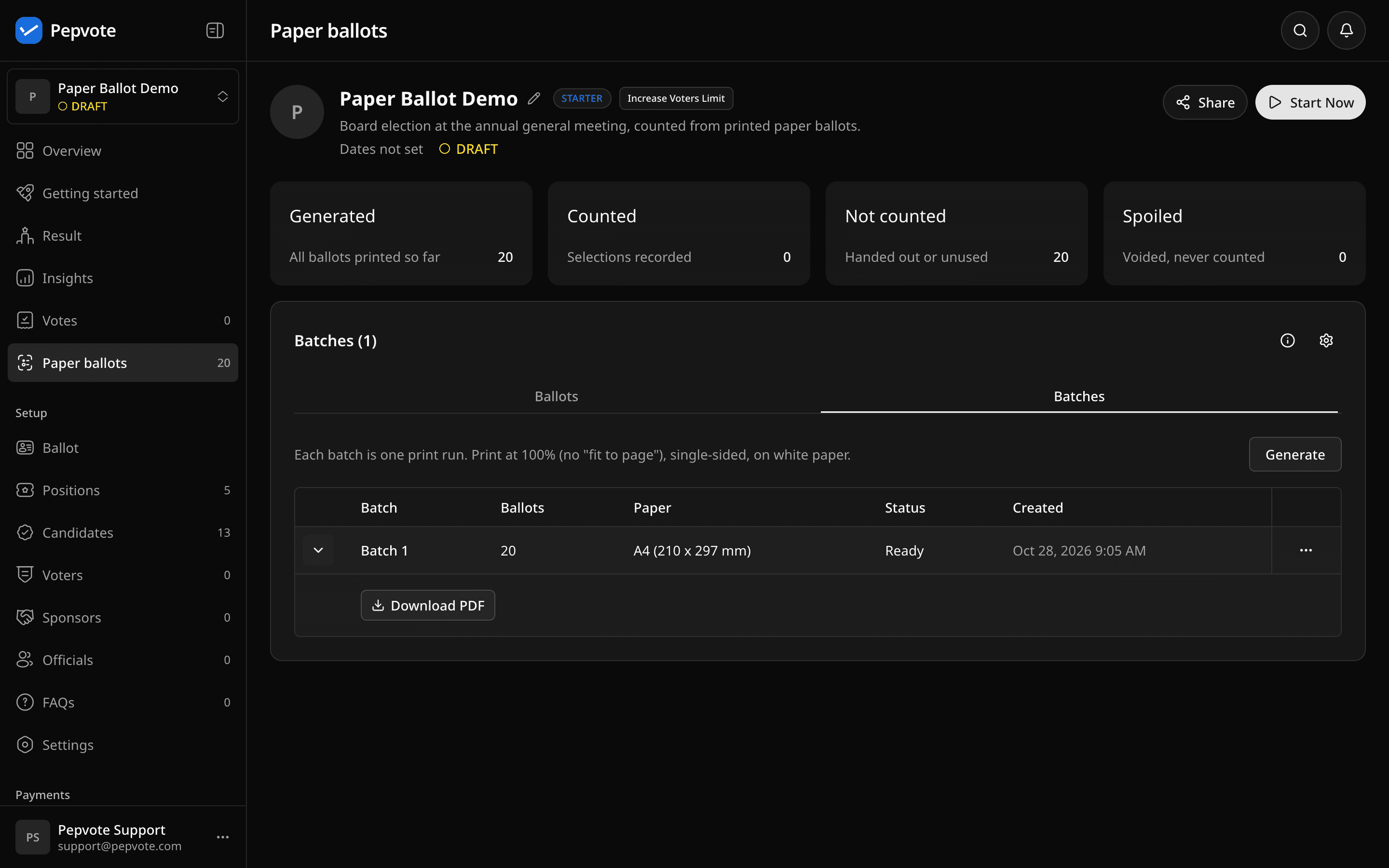 Batches tab with Batch 1 expanded and the Download PDF button