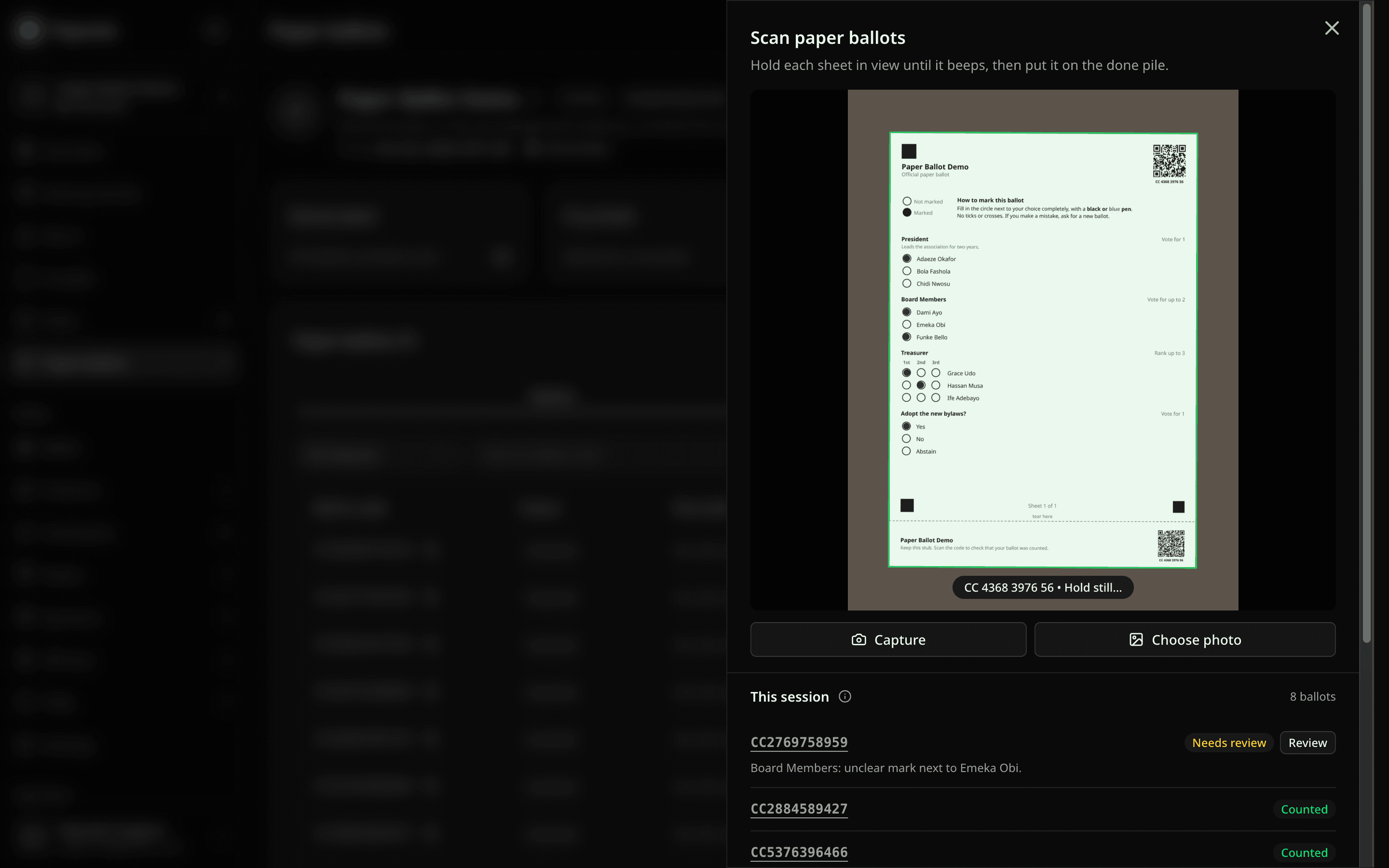 Scan paper ballots sheet with a ballot outlined in green and the This session list below