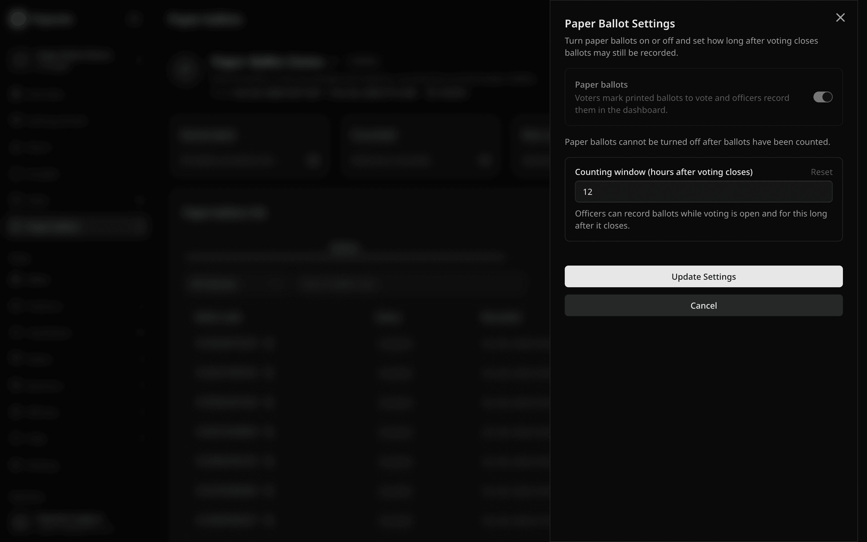 Paper Ballot Settings sheet with the counting window set to 12 hours