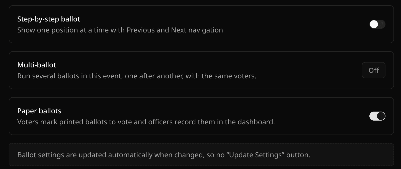 Ballot settings with the Paper ballots switch on
