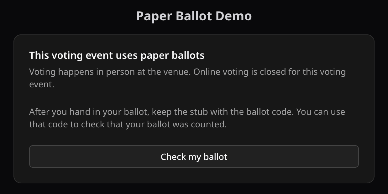 Voting page notice saying the voting event uses paper ballots, with a Check my ballot button