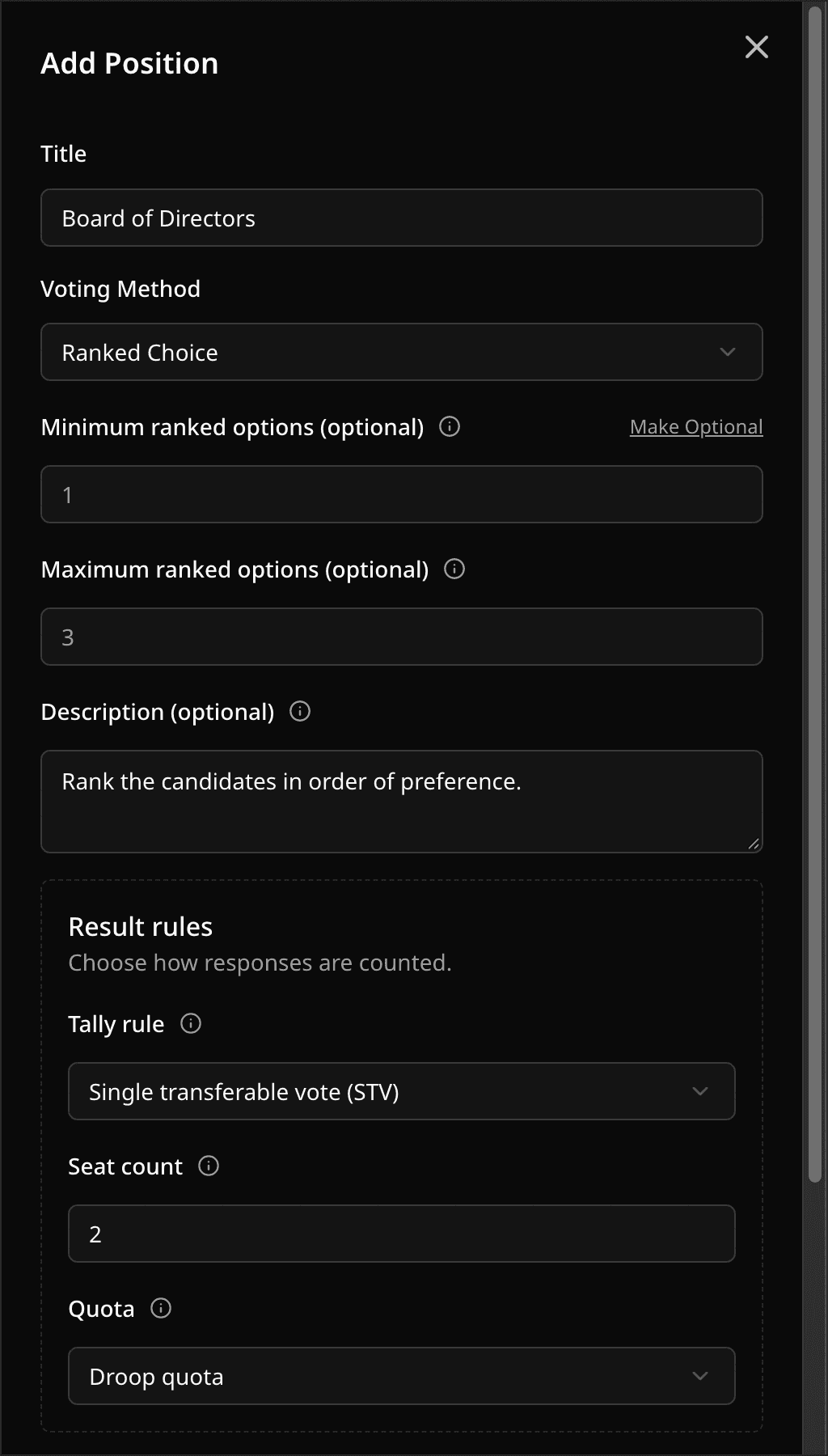 Add Position sheet with Ranked Choice, the STV tally rule, seat count, and quota