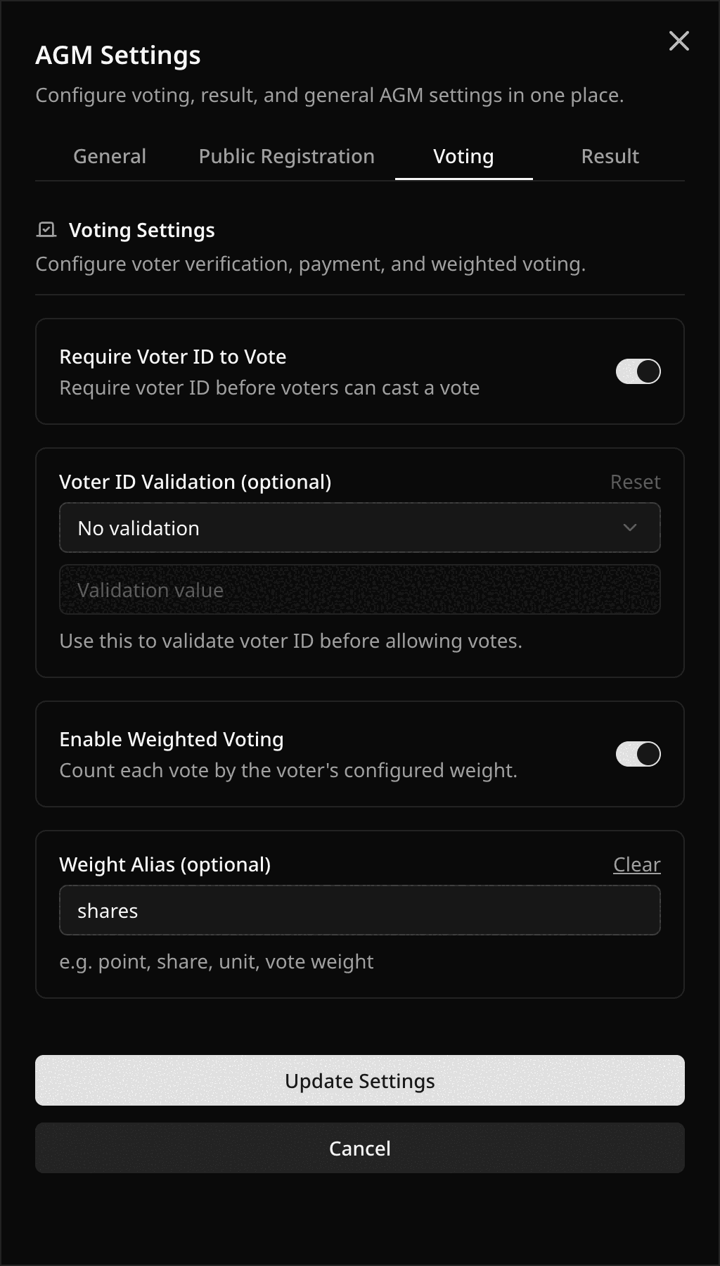 Voting tab with Enable Weighted Voting on and a Weight Alias