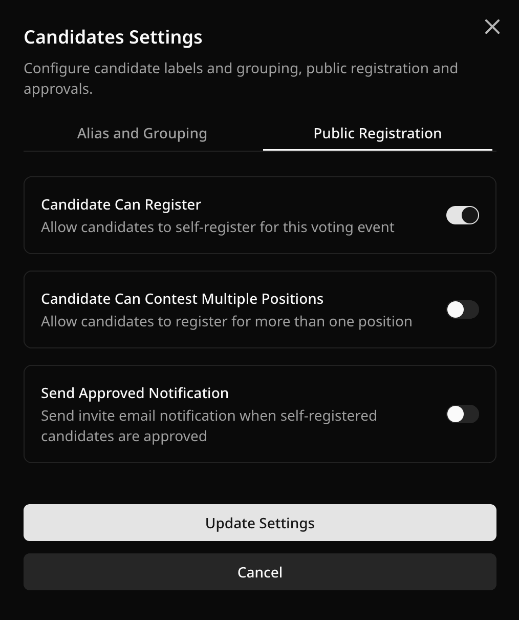 Candidate Can Register setting in Public Registration settings