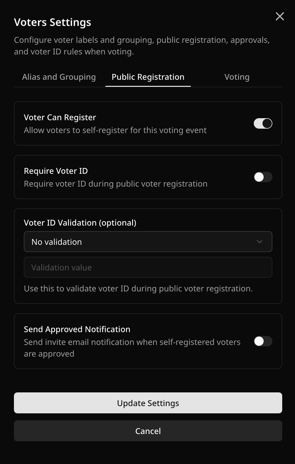 Voter Can Register setting in Public Registration settings