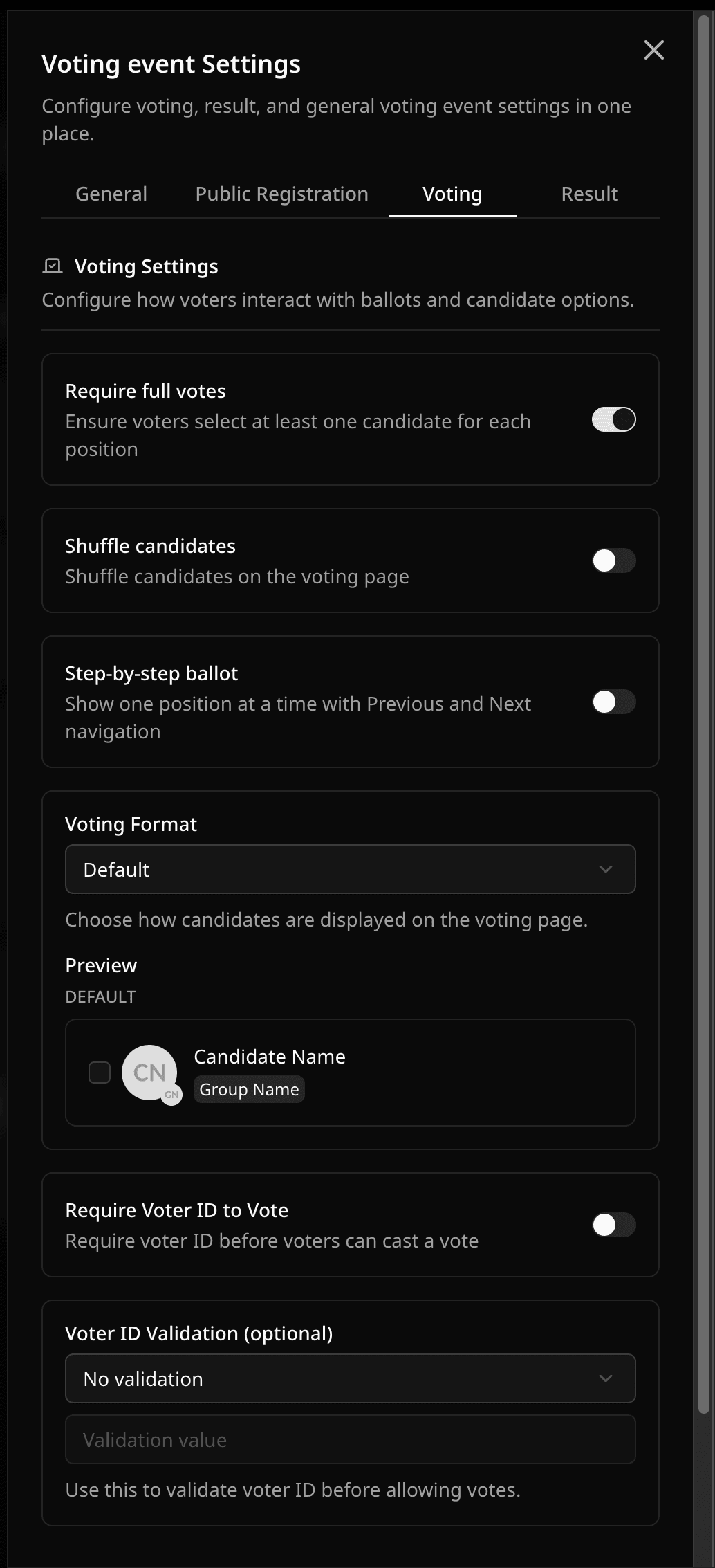 Voting settings tab in Voting Event Settings