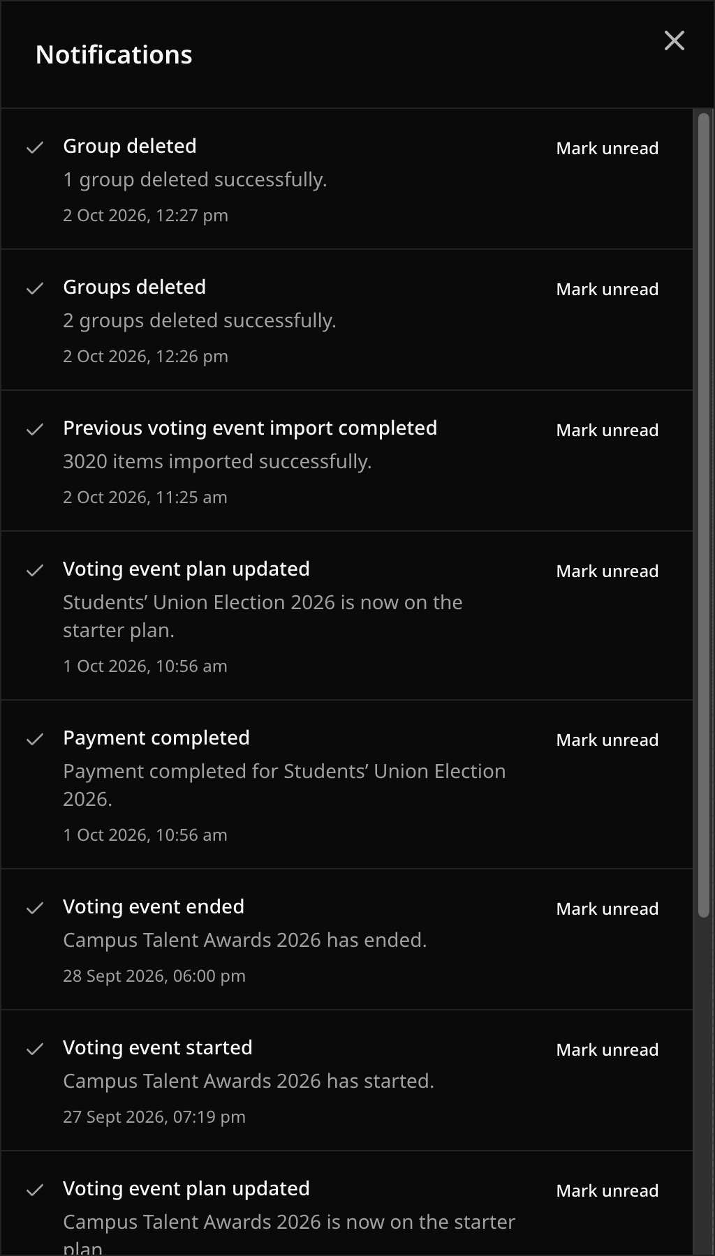 Notifications panel listing recent event, plan, and import updates